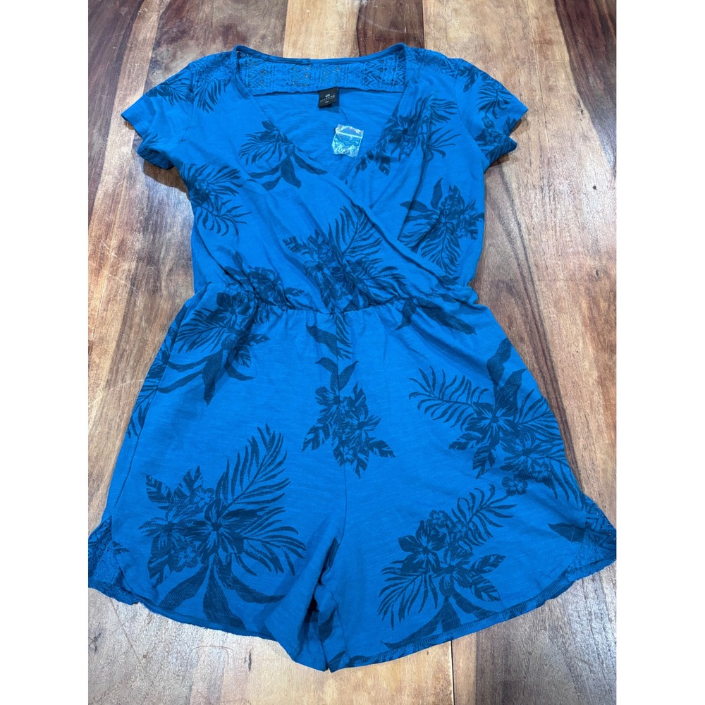 RIPZONE romper women small blue floral tropical crochet lace short sleeve casual